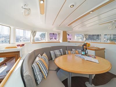 Salon of Golf Charlie, a Lagoon 380 catamaran at Kavala, Greece