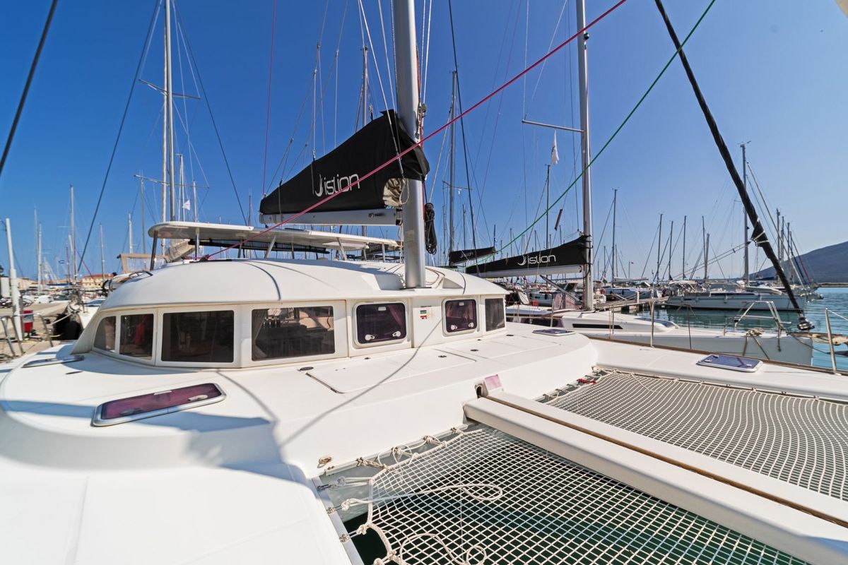 Deck of Golf Charlie, a Lagoon 380 catamaran at Kavala, Greece