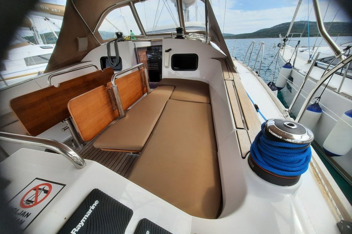 Deck of Vikki, a Elan Impression 45.1 sailboat at Pirovac, Croatia