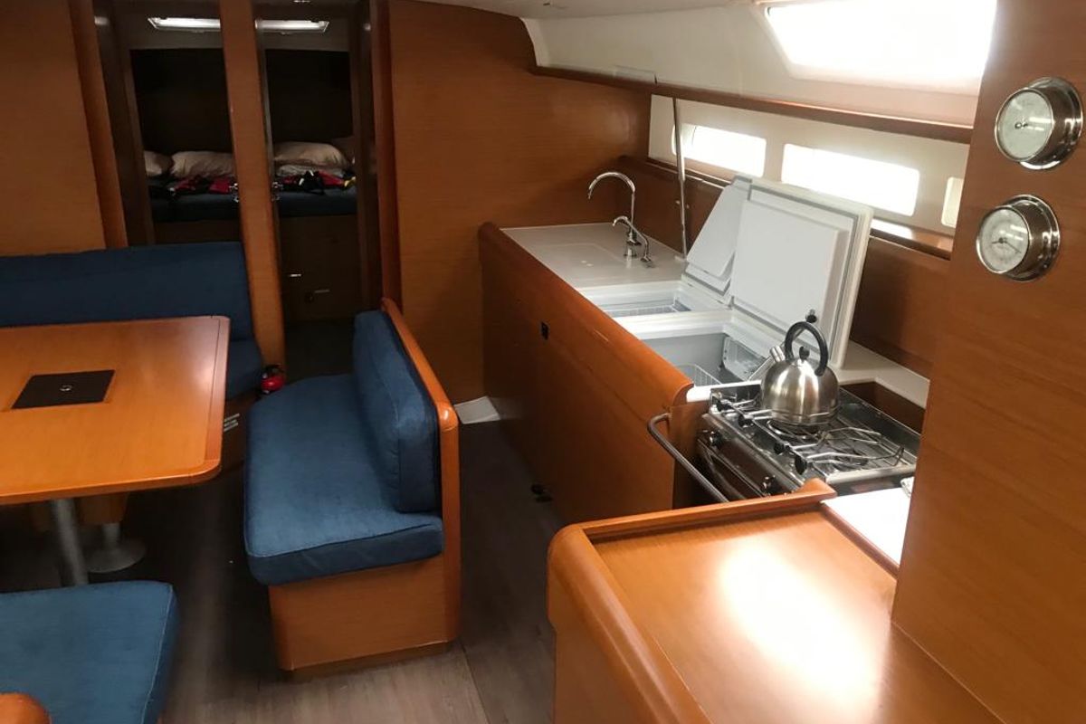 Galley of Alboran Jerez (Majorca), a Jeanneau Sun Odyssey 519 sailboat at es Jonquet, Spain