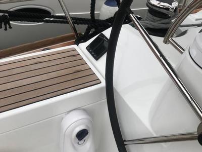 Cockpit of Alboran Jerez (Majorca), a Jeanneau Sun Odyssey 519 sailboat at es Jonquet, Spain