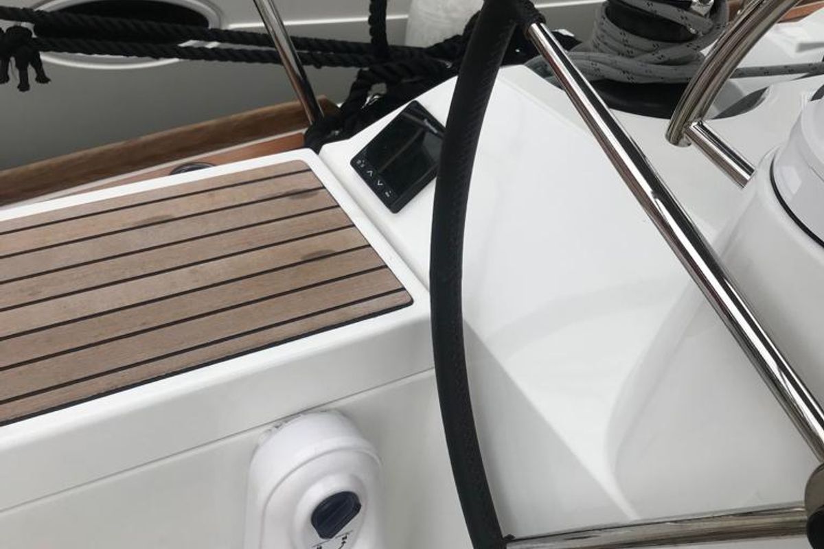 Cockpit of Alboran Jerez (Majorca), a Jeanneau Sun Odyssey 519 sailboat at es Jonquet, Spain