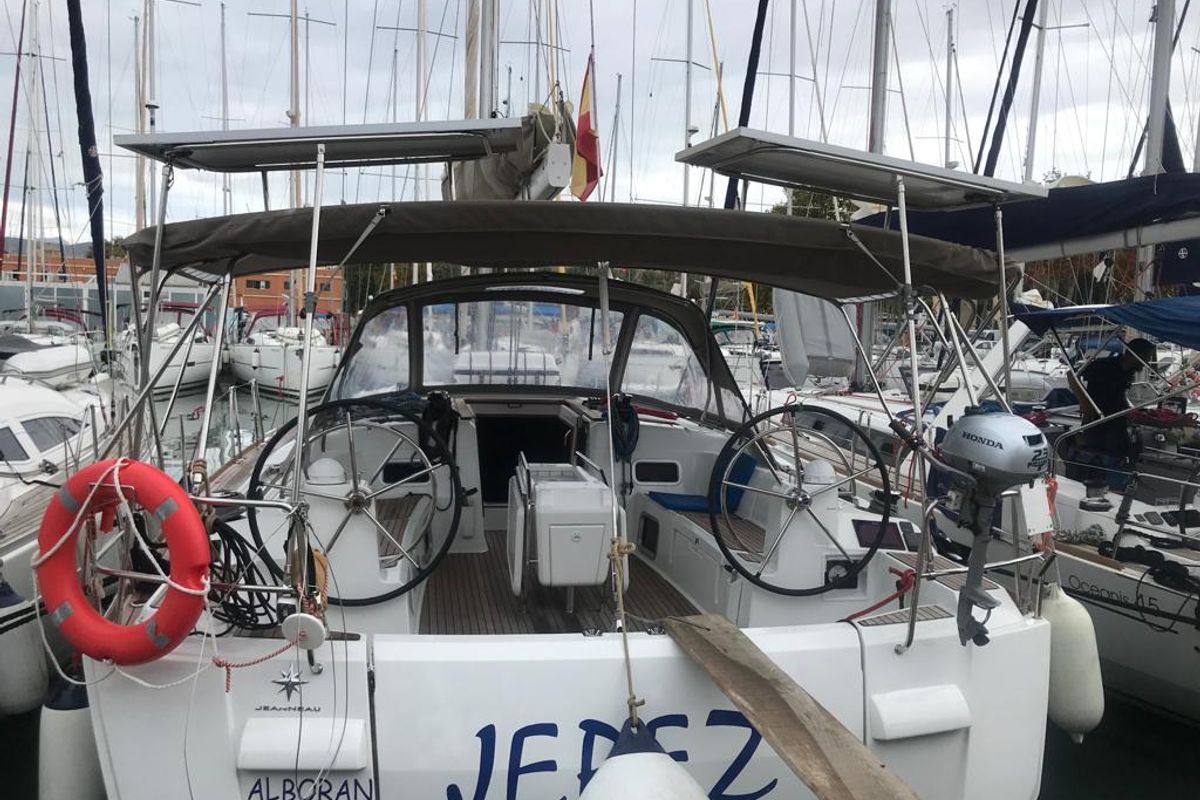 Exterior view of Alboran Jerez (Majorca), a Jeanneau Sun Odyssey 519 sailboat at es Jonquet, Spain