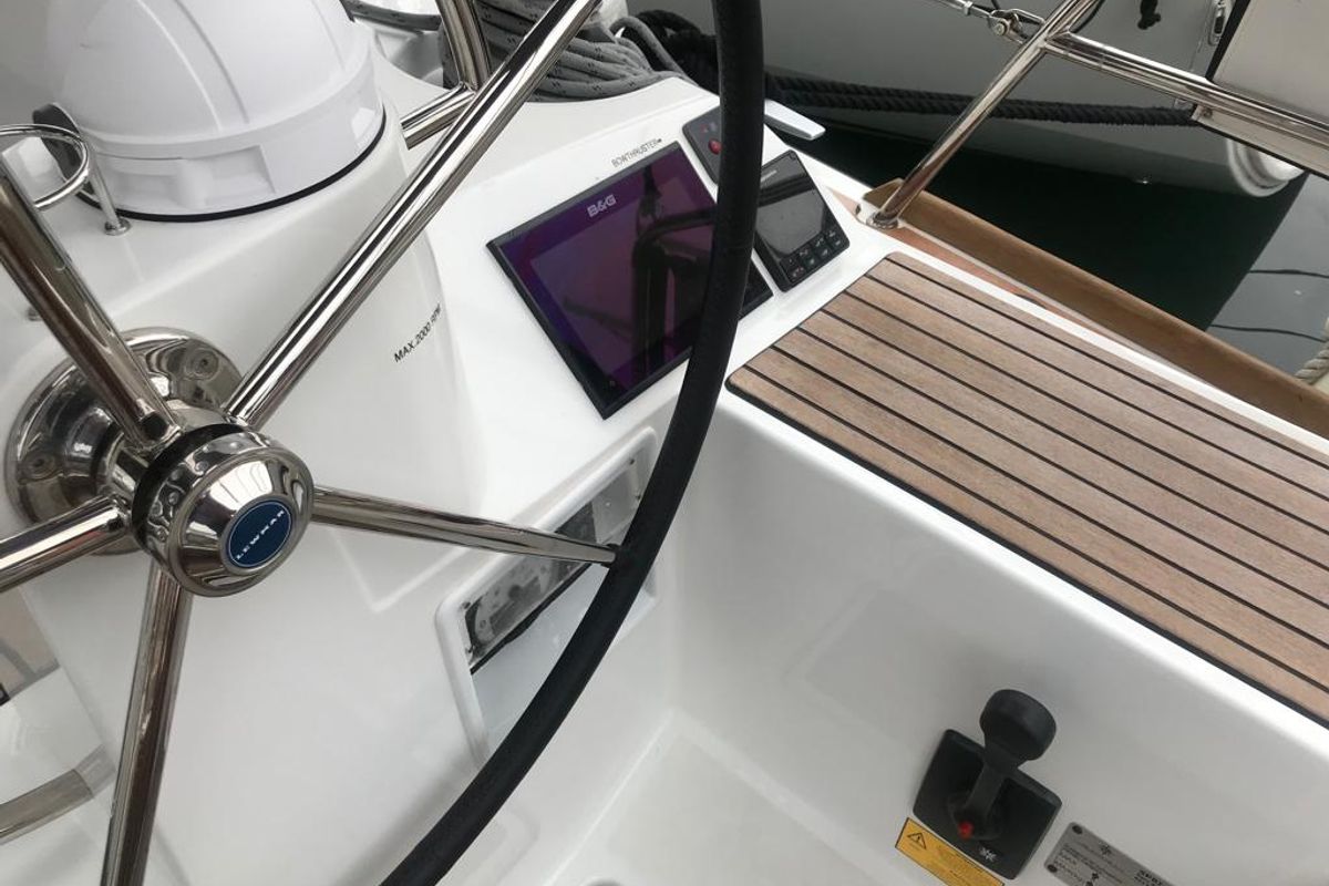 Cockpit of Alboran Jerez (Majorca), a Jeanneau Sun Odyssey 519 sailboat at es Jonquet, Spain