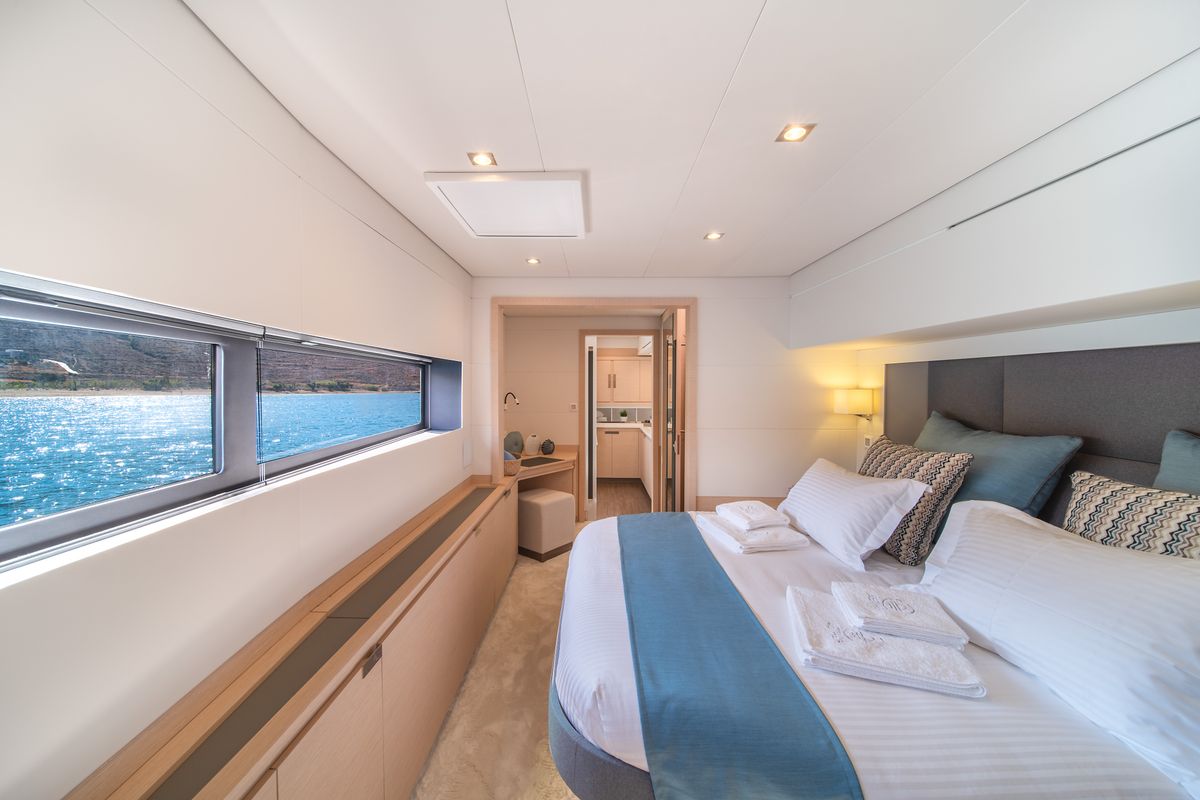 Cabin on Aether, a Lagoon Sixty 7 catamaran at Athens, Greece