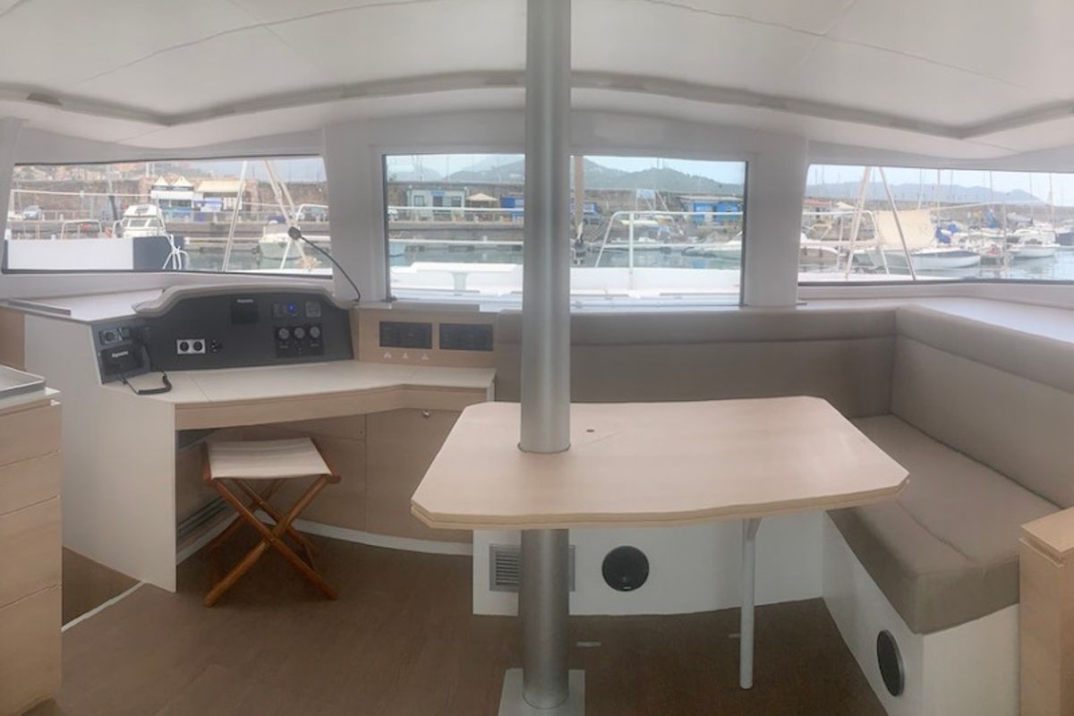 Salon of Sadalbari, a Bali 4.5 FLY catamaran at Salerno, Italy