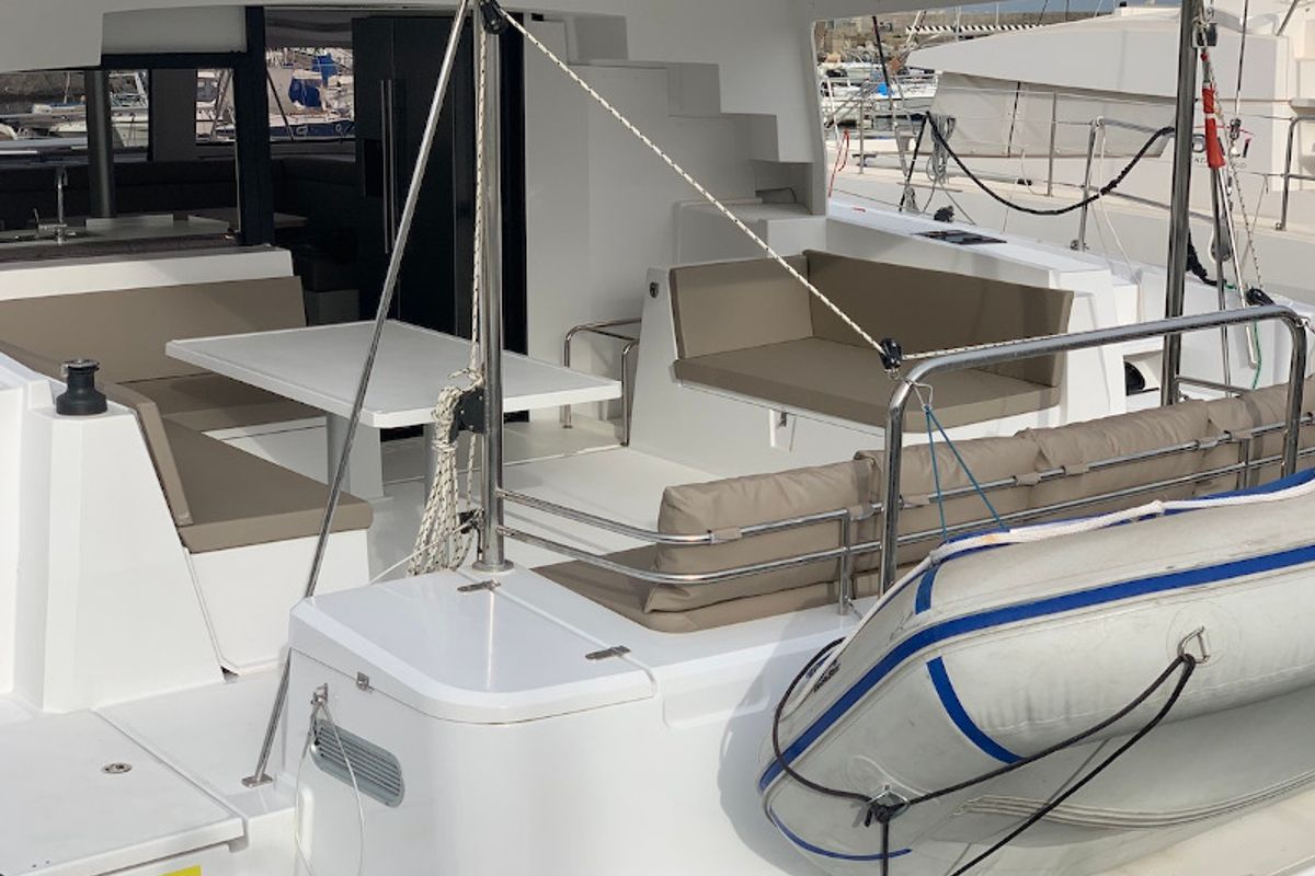 Deck of Sadalbari, a Bali 4.5 FLY catamaran at Salerno, Italy