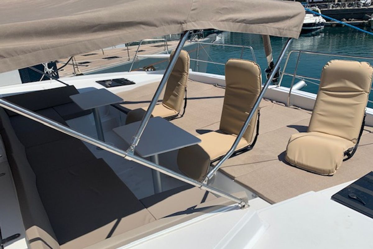 Deck of Sadalbari, a Bali 4.5 FLY catamaran at Salerno, Italy