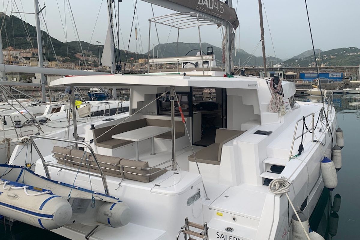 Exterior view of Sadalbari, a Bali 4.5 FLY catamaran at Salerno, Italy