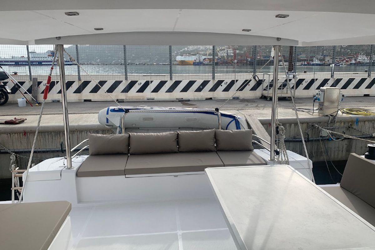 Deck of Sadalbari, a Bali 4.5 FLY catamaran at Salerno, Italy