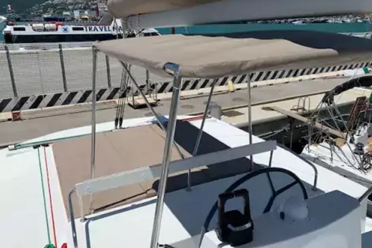 Cockpit of Sadalbari, a Bali 4.5 FLY catamaran at Salerno, Italy