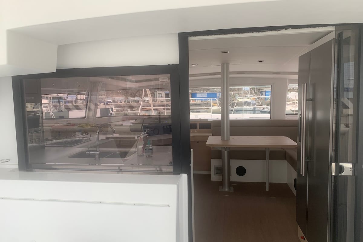 Salon of Sadalbari, a Bali 4.5 FLY catamaran at Salerno, Italy
