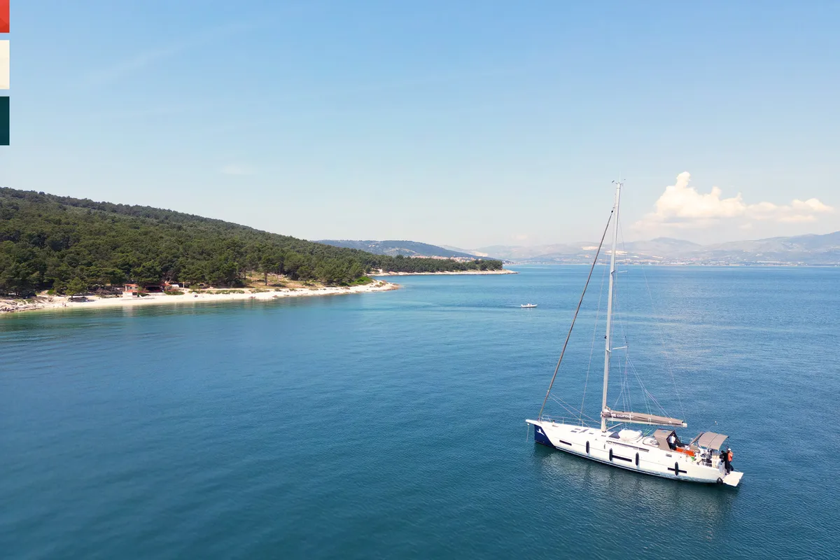 Exterior view of Allegro, a Dufour 530 sailboat at Grad Kaštela, Croatia