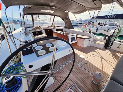Cockpit of Allegro, a Dufour 530 sailboat at Grad Kaštela, Croatia