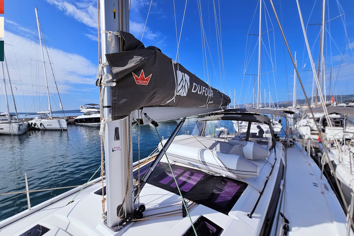Deck of Allegro, a Dufour 530 sailboat at Grad Kaštela, Croatia