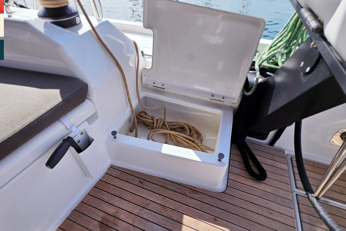 Deck of Allegro, a Dufour 530 sailboat at Grad Kaštela, Croatia