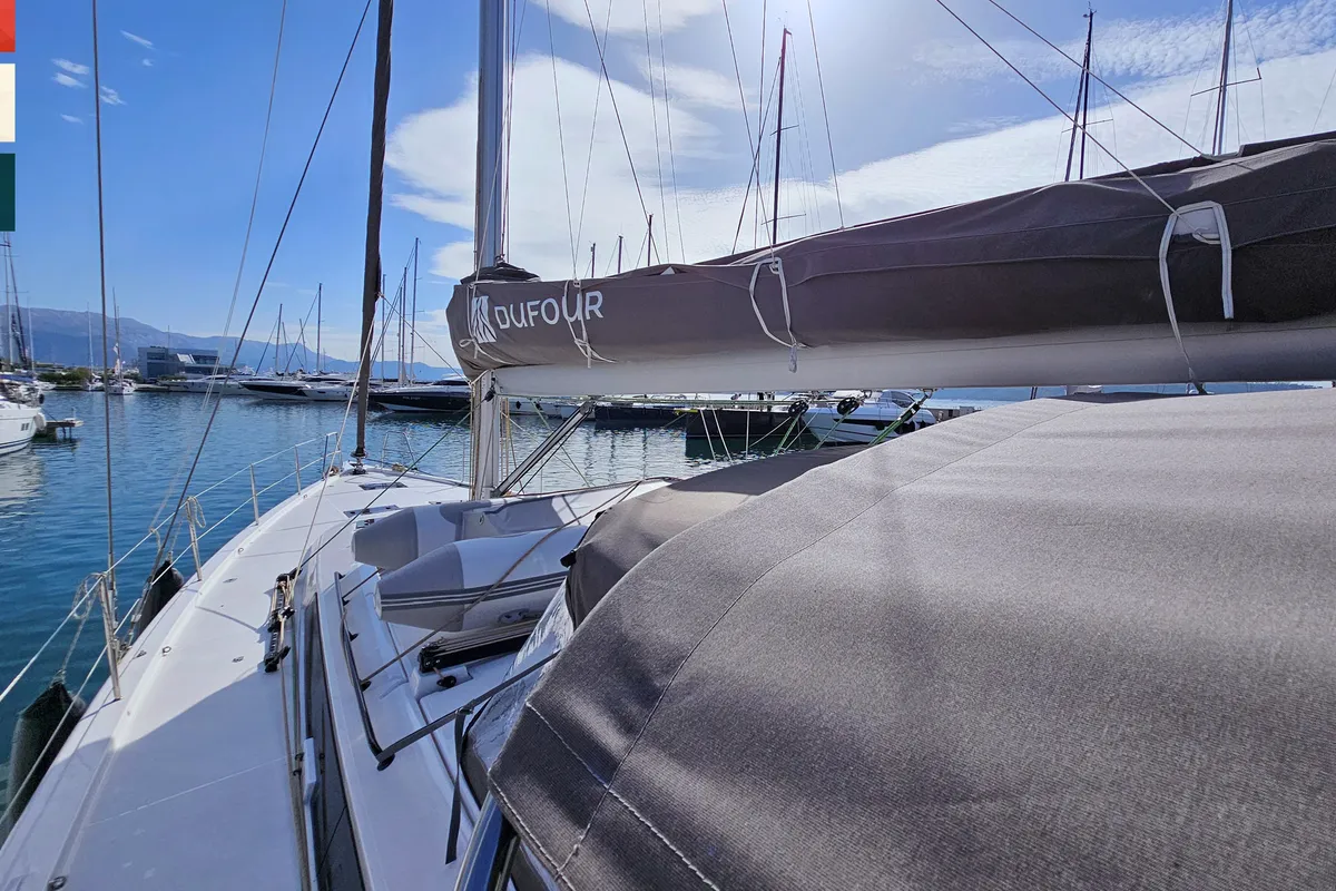 Deck of Allegro, a Dufour 530 sailboat at Grad Kaštela, Croatia