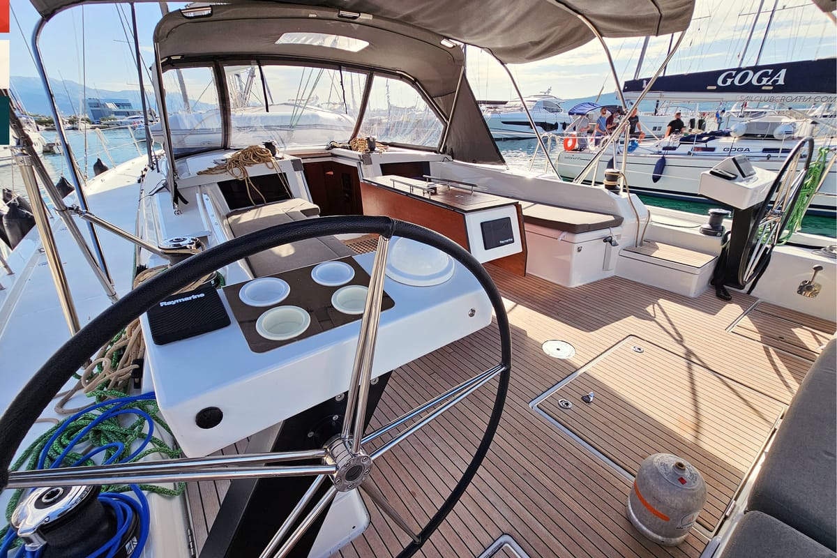 Cockpit of Allegro, a Dufour 530 sailboat at Grad Kaštela, Croatia