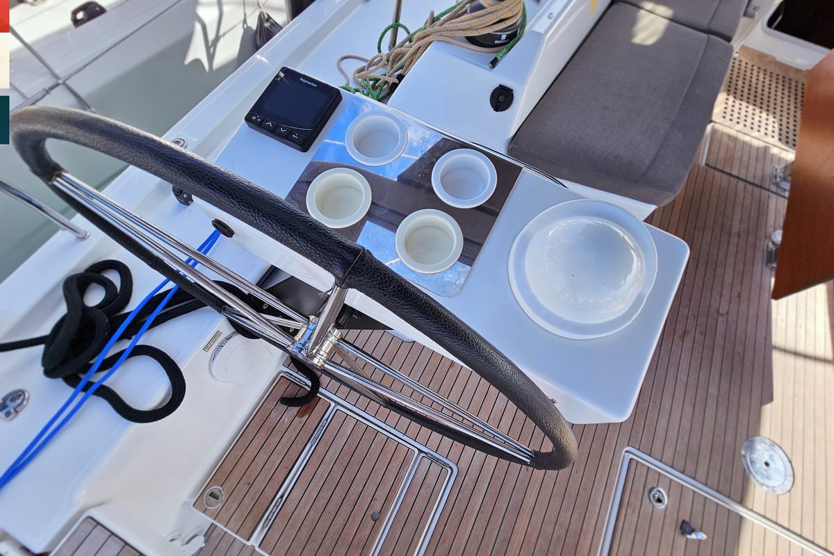 Cockpit of Allegro, a Dufour 530 sailboat at Grad Kaštela, Croatia
