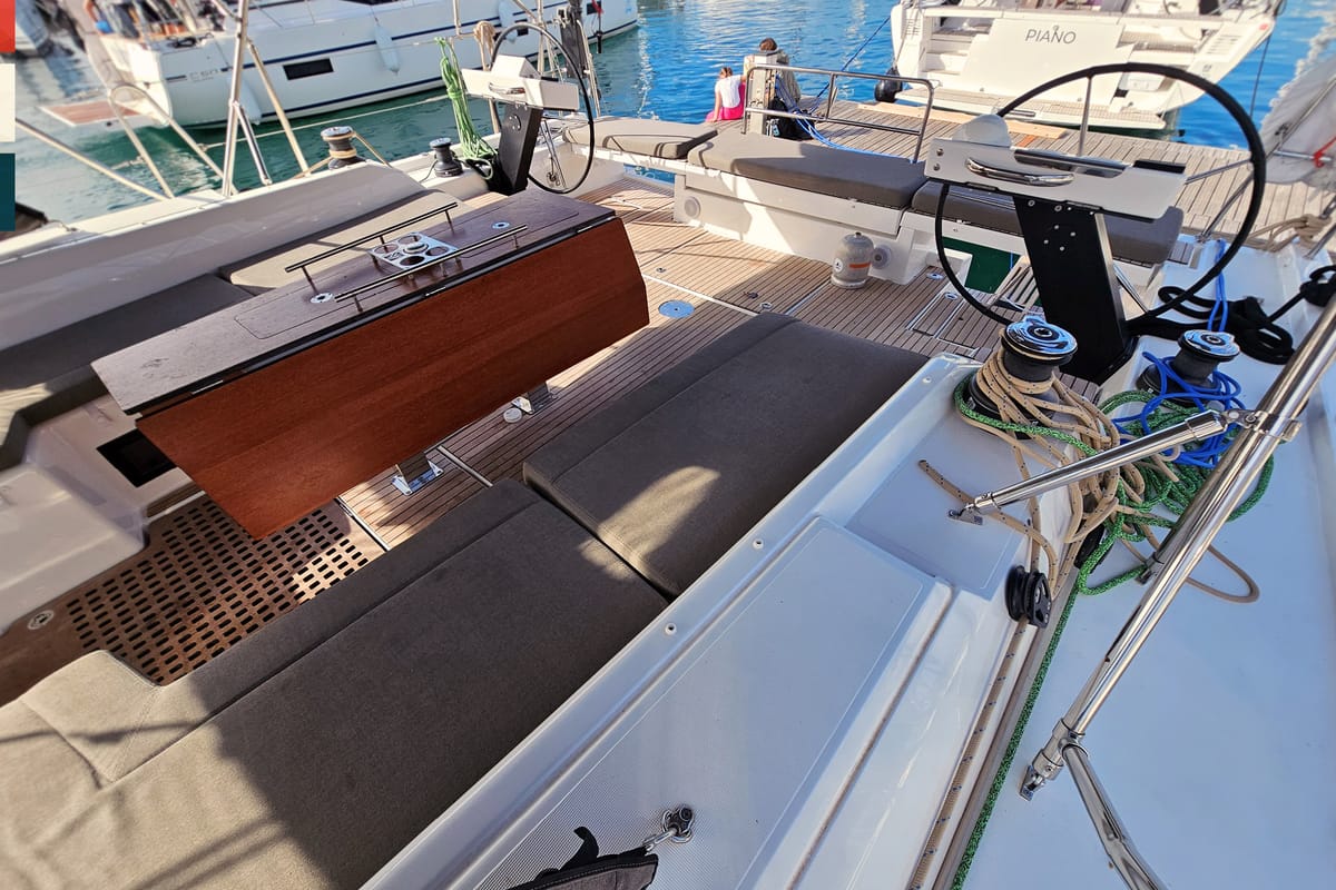 Deck of Allegro, a Dufour 530 sailboat at Grad Kaštela, Croatia