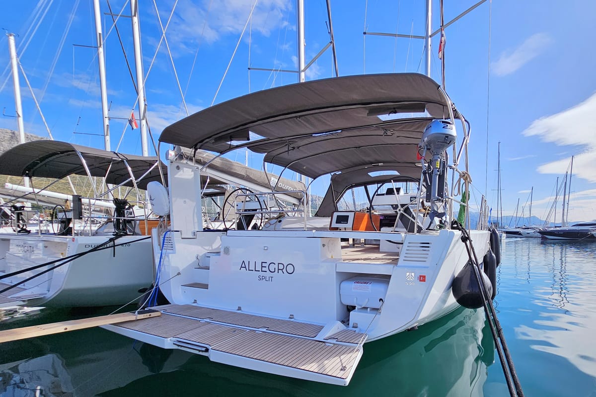 Exterior view of Allegro, a Dufour 530 sailboat at Grad Kaštela, Croatia