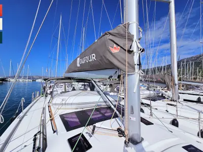 Deck of Allegro, a Dufour 530 sailboat at Grad Kaštela, Croatia