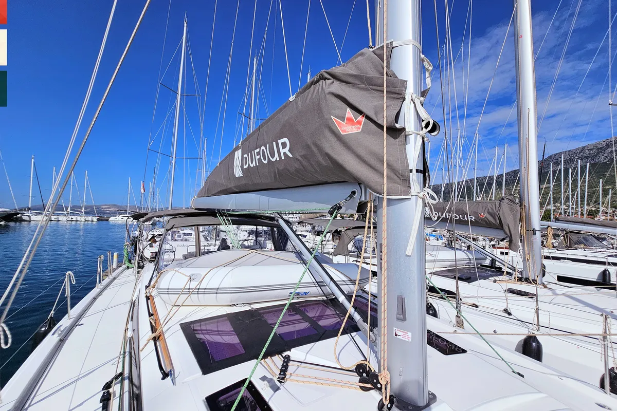 Deck of Allegro, a Dufour 530 sailboat at Grad Kaštela, Croatia