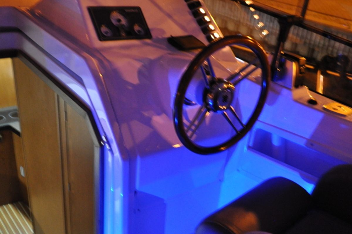Cockpit of Tes 393 Illuminatus, a Tes 393 Illuminatus motorboat at Wilkasy, Poland