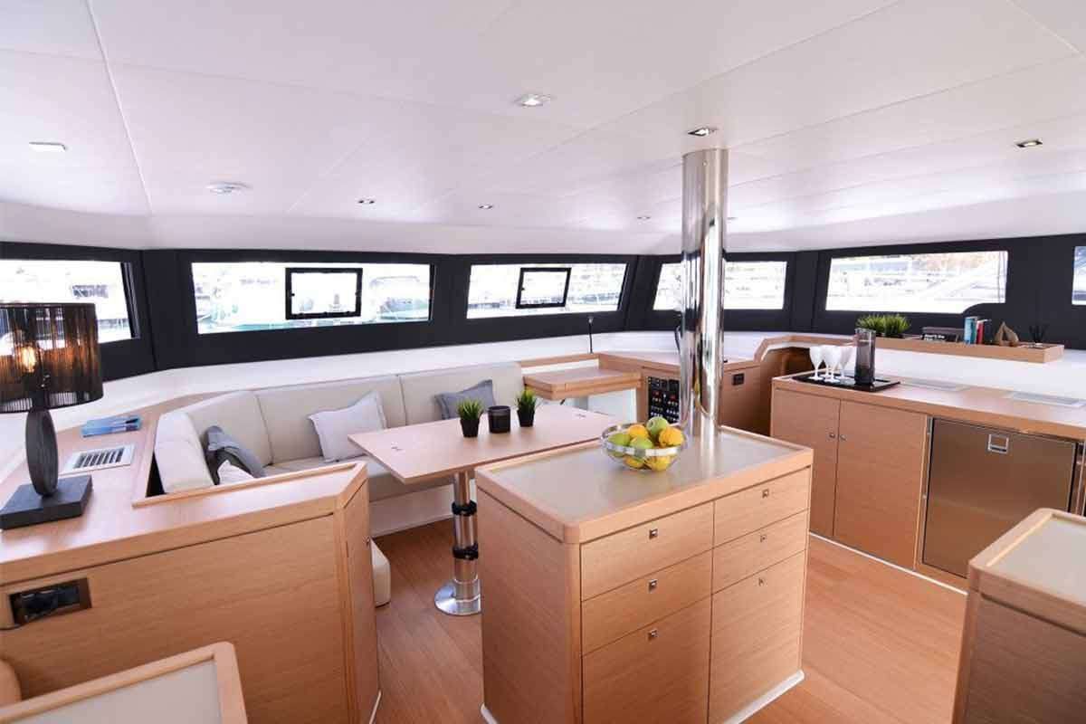 Salon of Jovy, a Dufour 48 Catamaran catamaran at Capo d'Orlando, Italy
