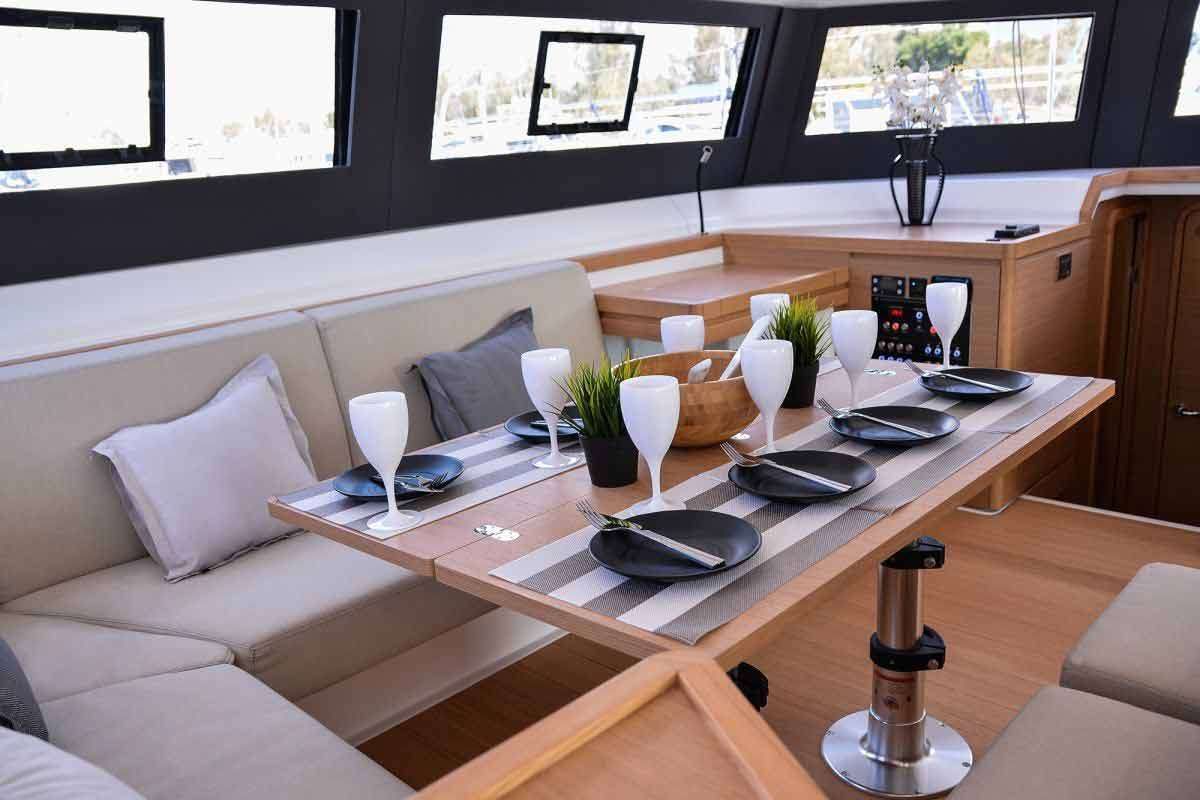 Salon of Jovy, a Dufour 48 Catamaran catamaran at Capo d'Orlando, Italy