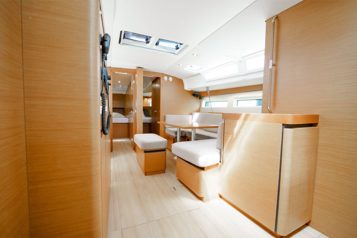 Salon of Kalm, a Jeanneau Sun Odyssey 490 sailboat at Municipal Unit of Lefkada, Greece