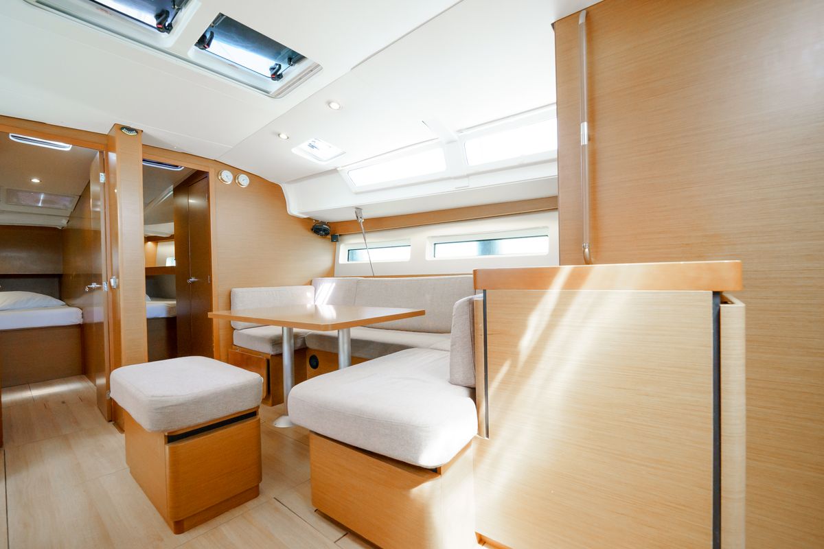 Salon of Kalm, a Jeanneau Sun Odyssey 490 sailboat at Municipal Unit of Lefkada, Greece