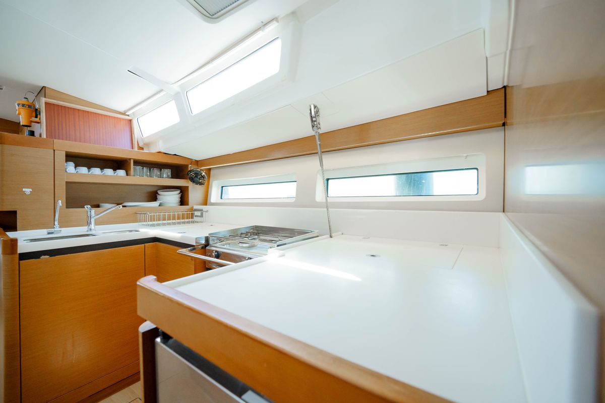 Galley of Kalm, a Jeanneau Sun Odyssey 490 sailboat at Municipal Unit of Lefkada, Greece