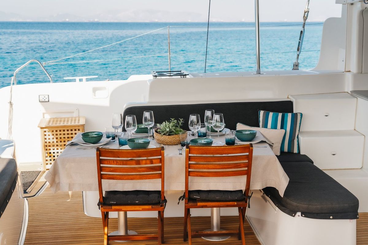 Deck of Omnia, a Lagoon 46 catamaran at Piraeus, Greece
