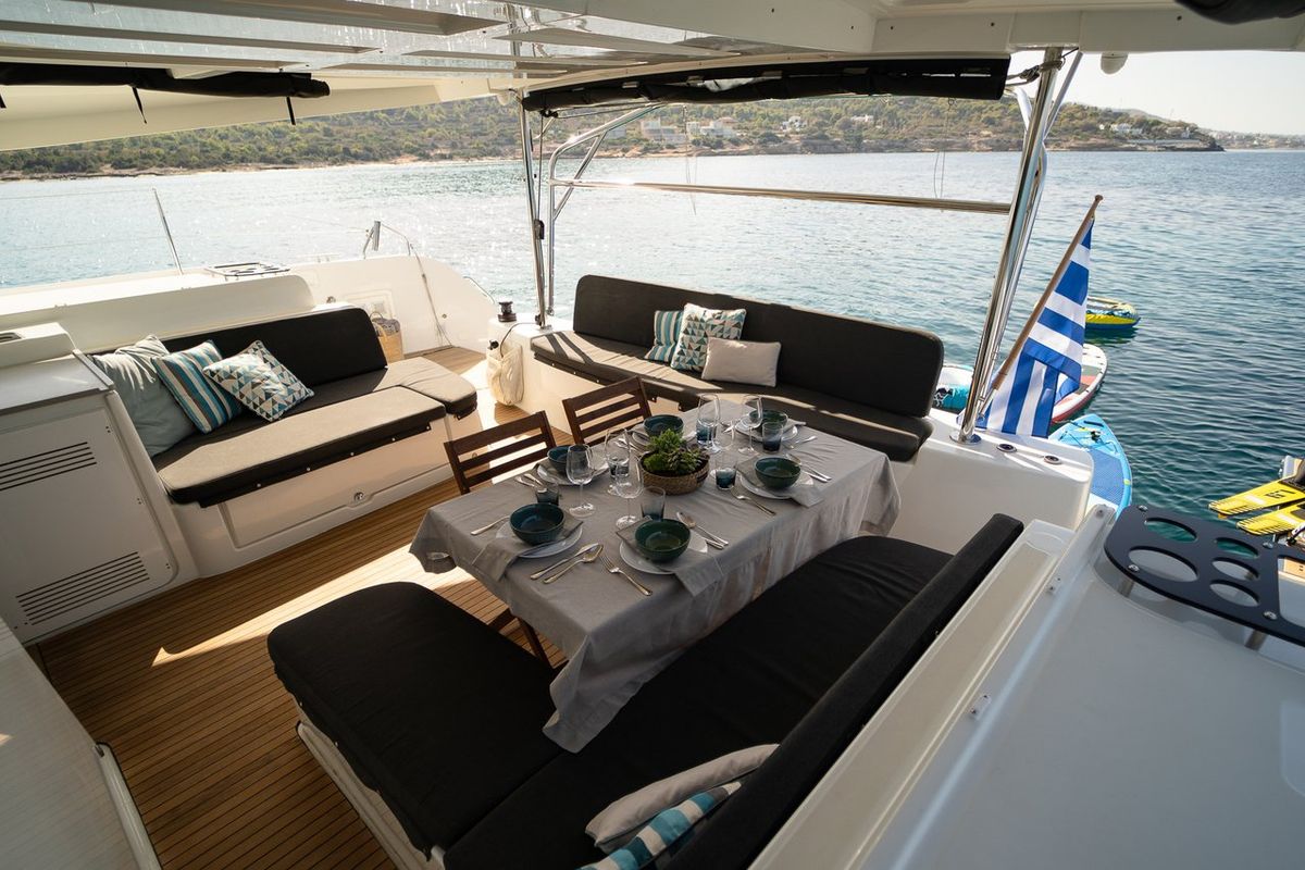Deck of Omnia, a Lagoon 46 catamaran at Piraeus, Greece