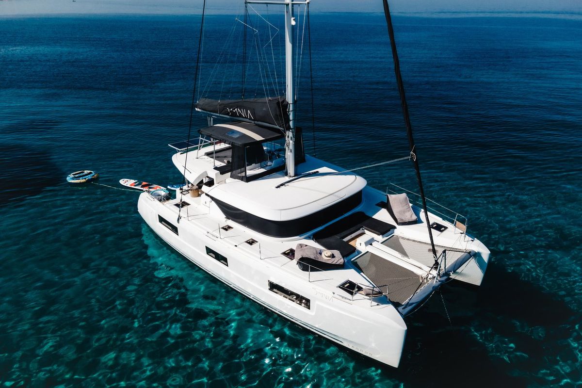 Exterior view of Omnia, a Lagoon 46 catamaran at Piraeus, Greece