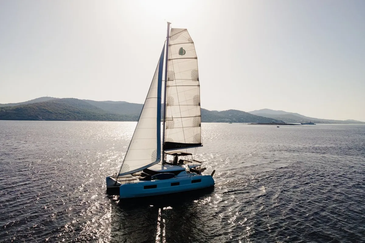 Exterior view of Omnia, a Lagoon 46 catamaran at Piraeus, Greece