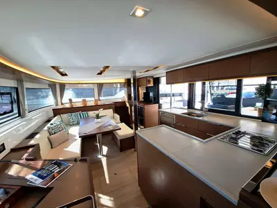 Salon of Omnia, a Lagoon 46 catamaran at Piraeus, Greece