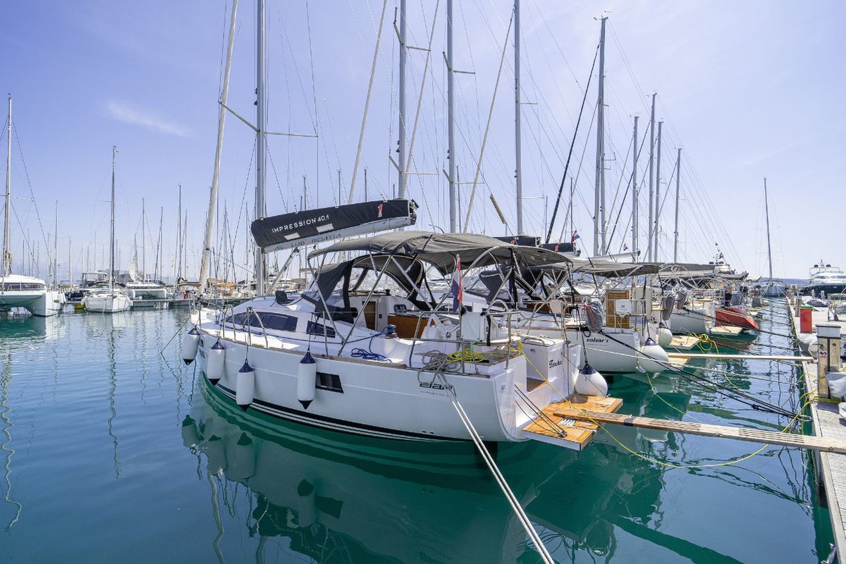 Exterior view of Tonka, a Elan Impression 40.1 sailboat at Grad Kaštela, Croatia