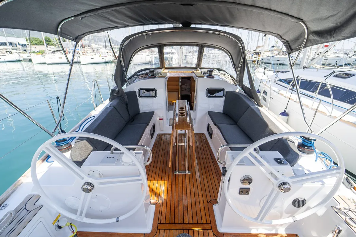 Cockpit of Tonka, a Elan Impression 40.1 sailboat at Grad Kaštela, Croatia
