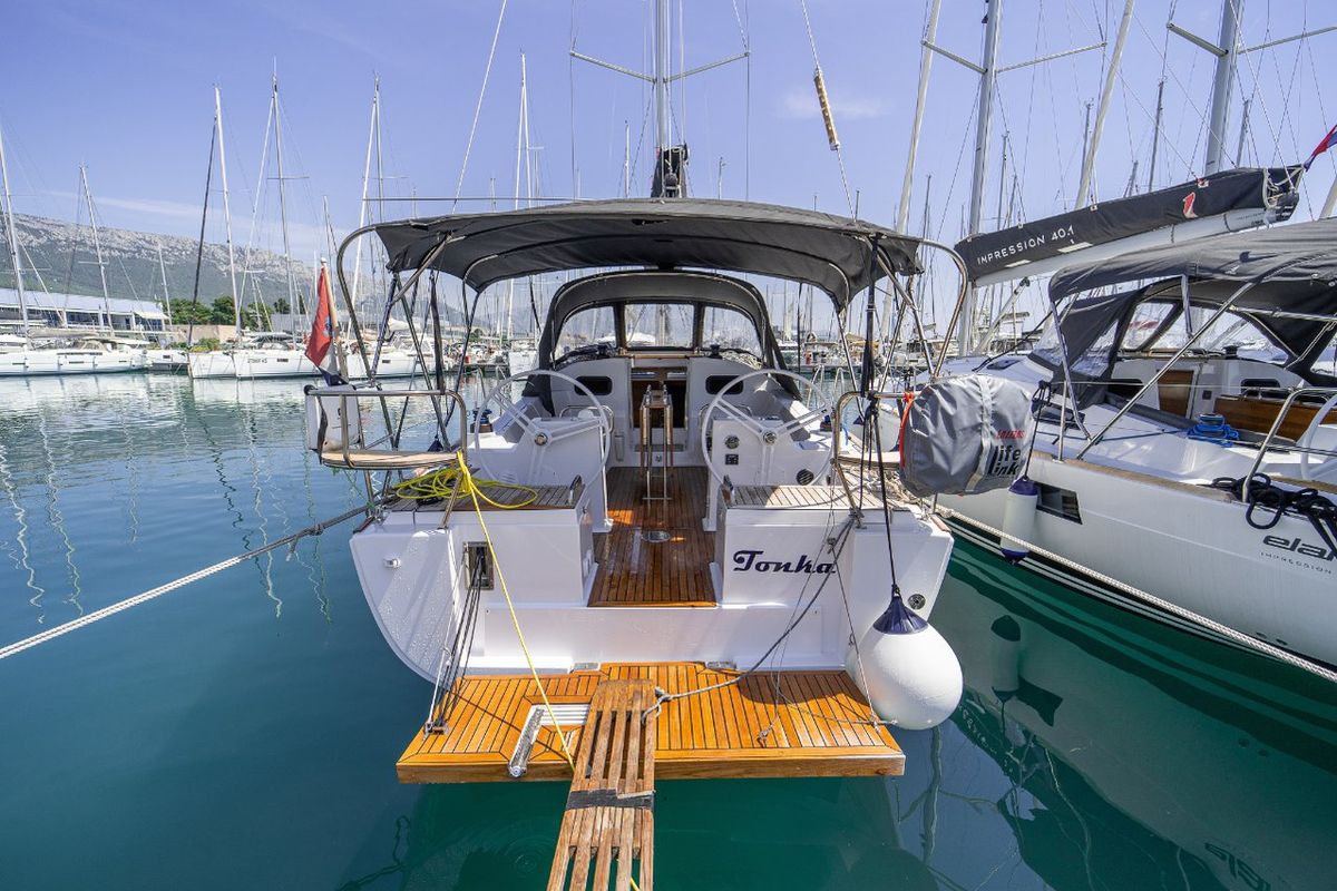 Exterior view of Tonka, a Elan Impression 40.1 sailboat at Grad Kaštela, Croatia