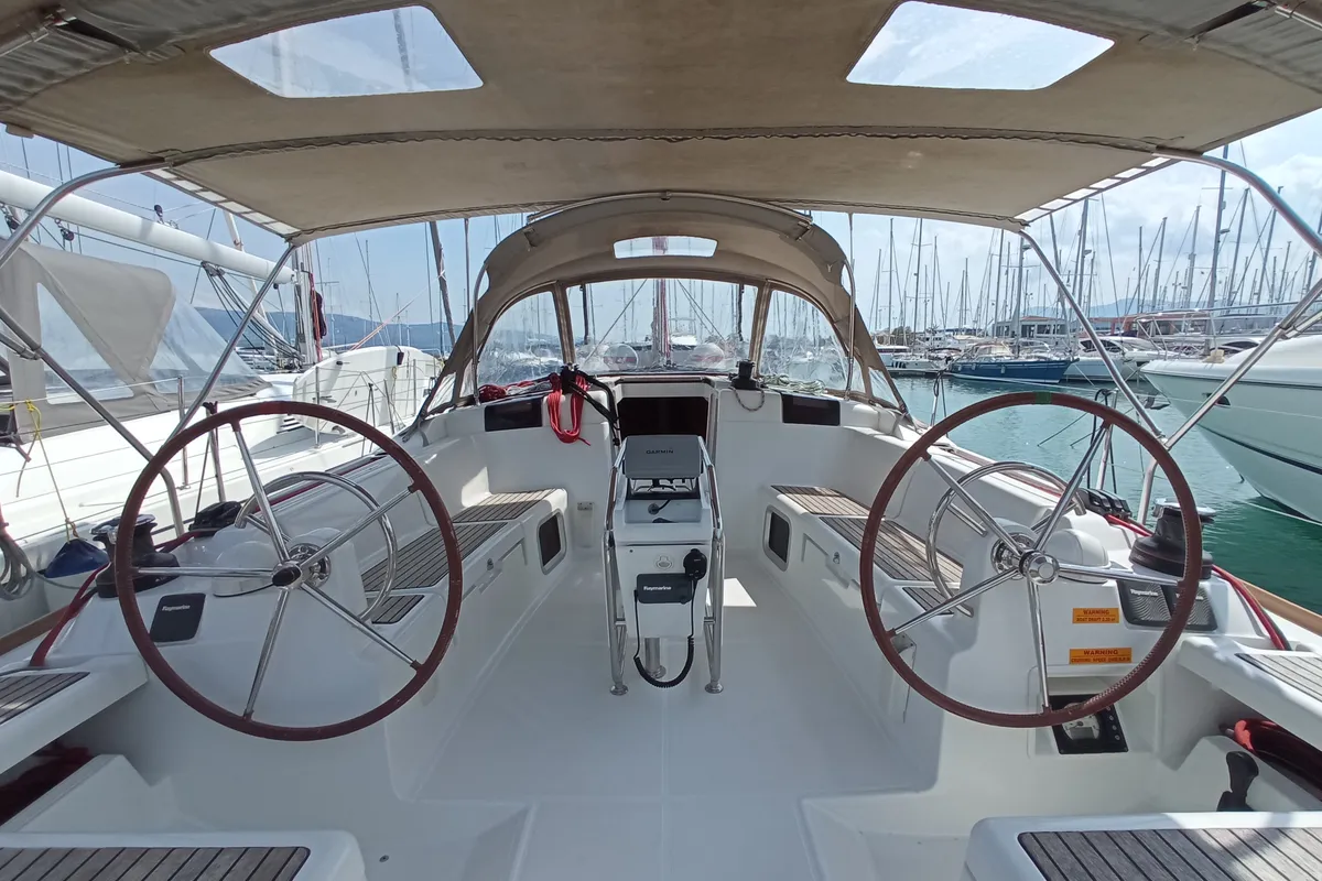 Cockpit of AF-SO439, a Jeanneau Sun Odyssey 439 sailboat at Municipal Unit of Lefkada, Greece
