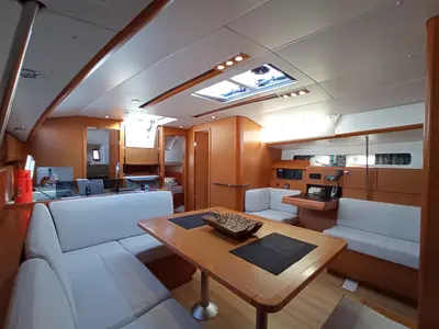 Salon of AF-SO439, a Jeanneau Sun Odyssey 439 sailboat at Municipal Unit of Lefkada, Greece