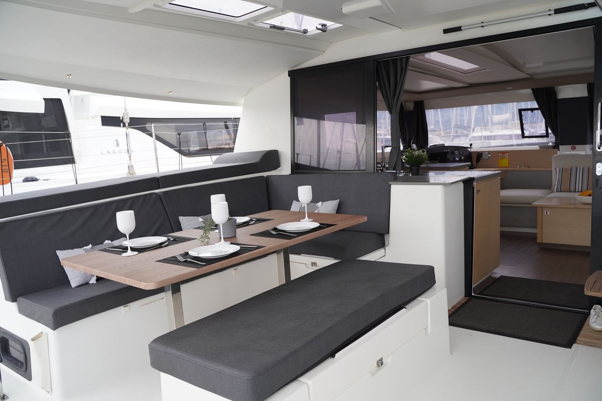 Deck of SUNRISE, a Fountaine Pajot Helia 44 catamaran at Municipal Unit of Lefkada, Greece