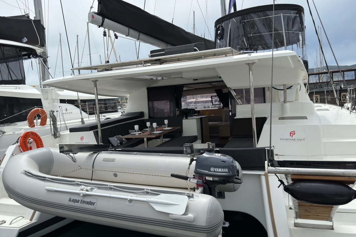Deck of SUNRISE, a Fountaine Pajot Helia 44 catamaran at Municipal Unit of Lefkada, Greece