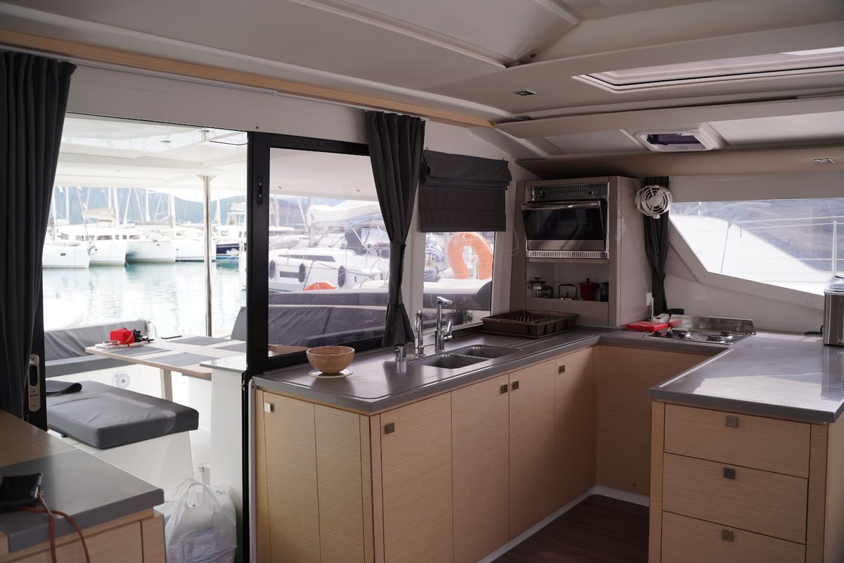 Galley of SUNRISE, a Fountaine Pajot Helia 44 catamaran at Municipal Unit of Lefkada, Greece