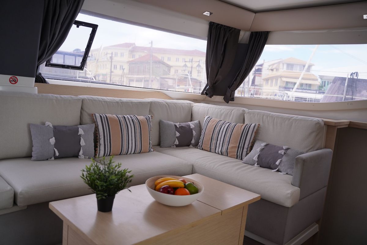 Salon of SUNRISE, a Fountaine Pajot Helia 44 catamaran at Municipal Unit of Lefkada, Greece
