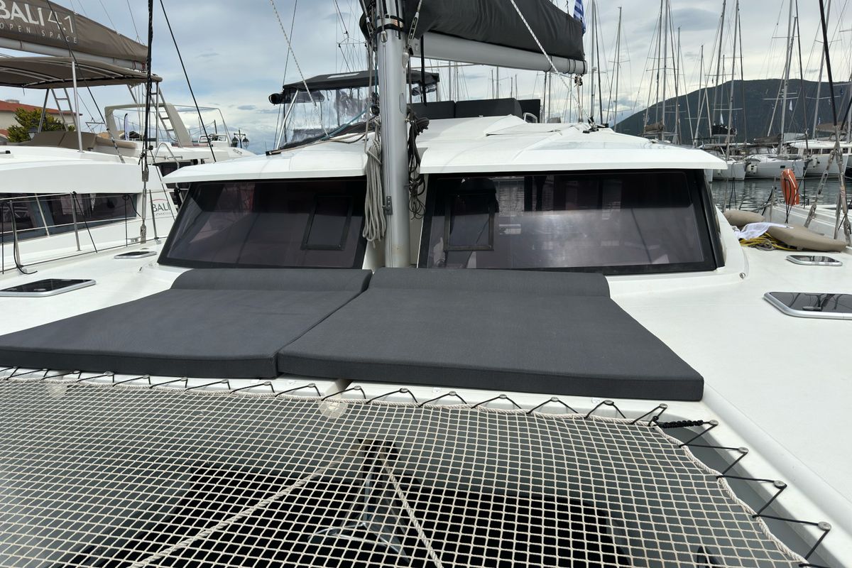 Deck of SUNRISE, a Fountaine Pajot Helia 44 catamaran at Municipal Unit of Lefkada, Greece