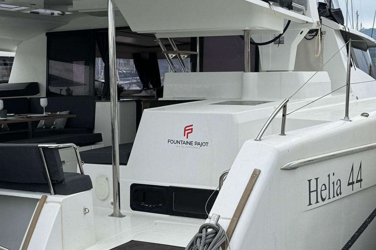 Exterior view of SUNRISE, a Fountaine Pajot Helia 44 catamaran at Municipal Unit of Lefkada, Greece