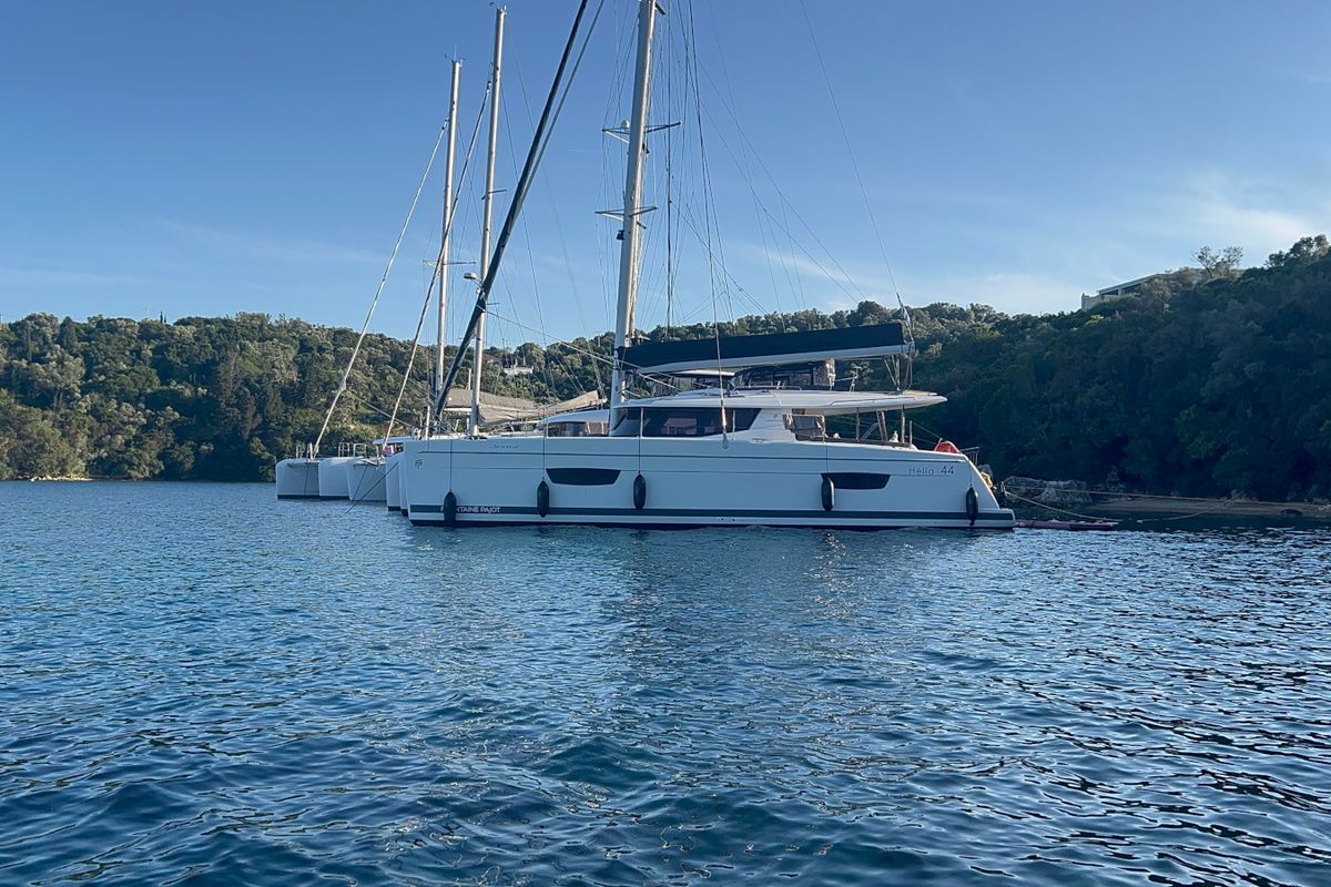 Exterior view of SUNRISE, a Fountaine Pajot Helia 44 catamaran at Municipal Unit of Lefkada, Greece